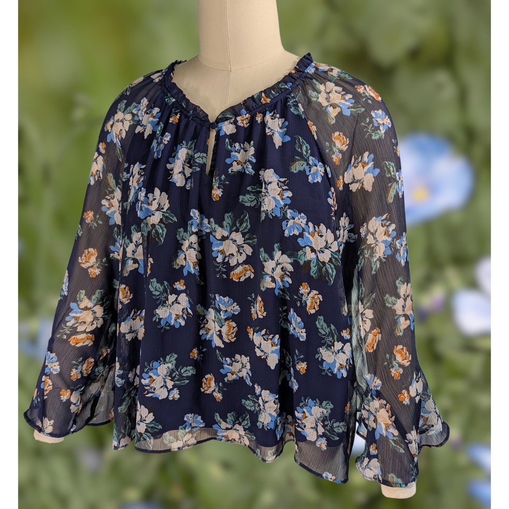 LC Lauren Conrad XXL Navy Floral Crinkle Chiffon A-Line Raglan Blouse Top